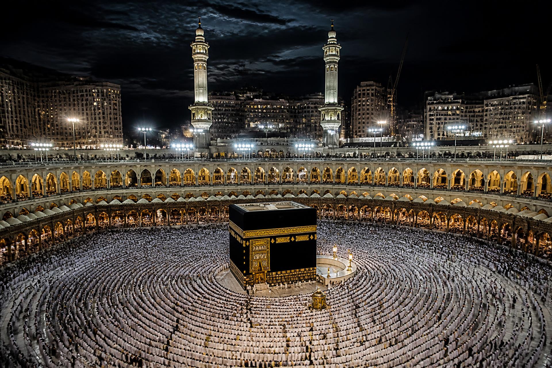 The Kaaba at Masjid al-Haram in Makkah illuminated at night